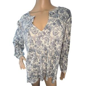 Lucky Brand Damask Patterned Loose Fit V-Neck Long Sleeve Shirt